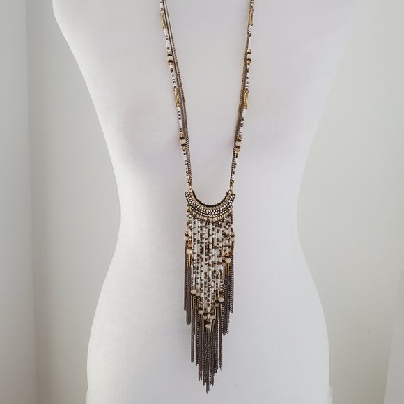 ICING Long Beaded Chain Tassel Fringe Bib Boho Necklace Bronze & White Gold Tone - Picture 1 of 7
